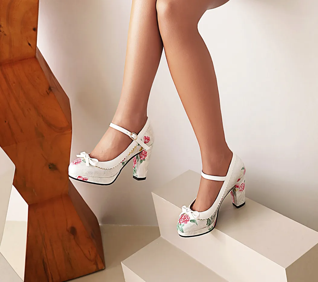 Damen Pumps Brautschuhe Hochzeitsschuhe mit Blumenmuster bis Gr 43