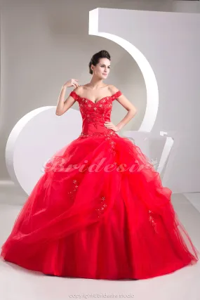 Duchesse-Linie Carmen-Ausschnitt bodenlang ärmellos Tülle Quinceañera Kleid