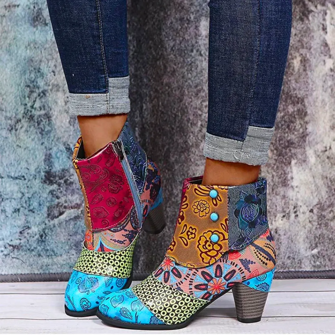 Heidi-Mode | Patchwork Stiefeletten Mit Blockabsatz Für Damen