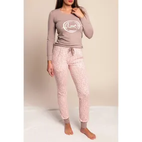 Langer Pyjama mit Print, hellbraun