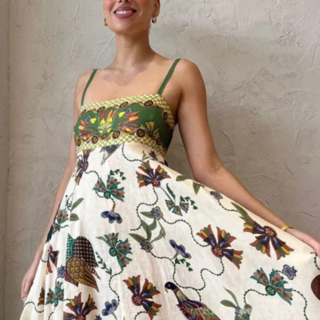 Maxikleid aus Baumwolle und Leinen mit Trägern und botanischem Aufdruck