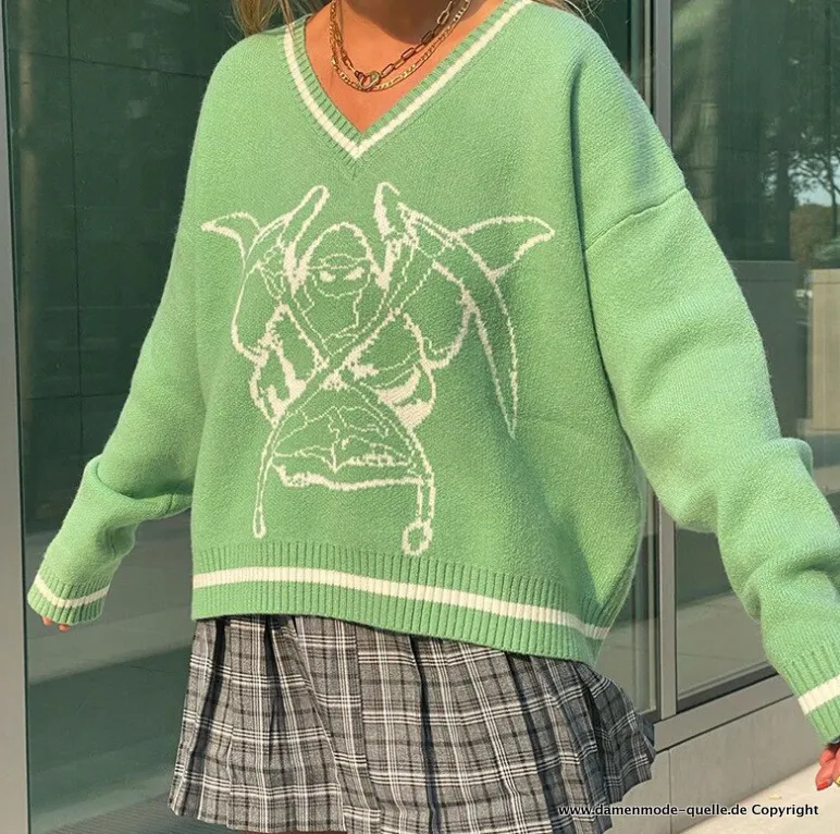 Oversize Graffiti Damen Pullover in Mintgrün