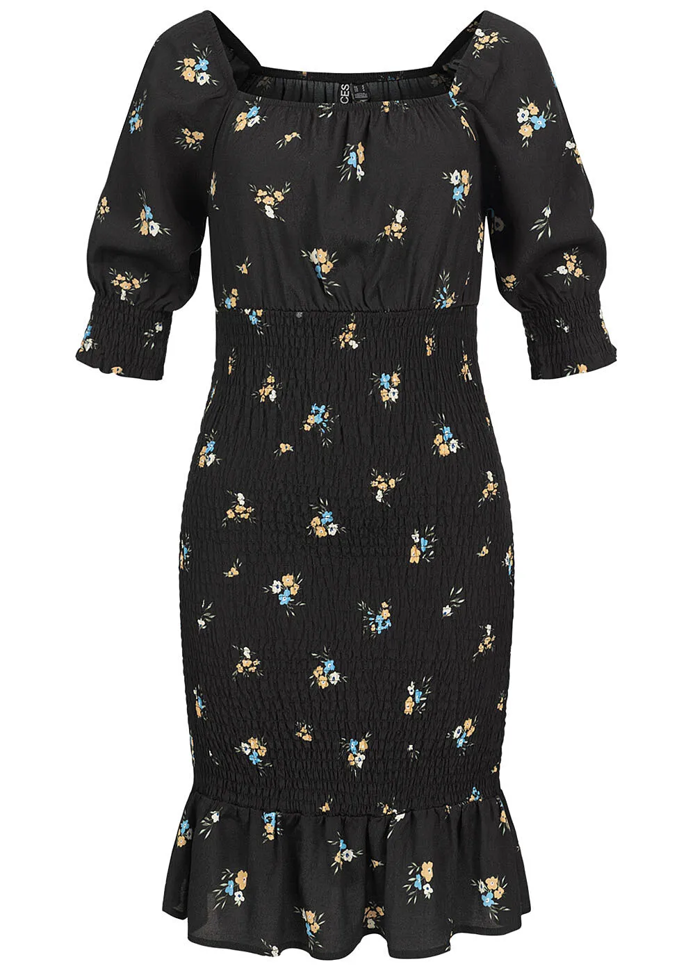 Pieces Damen Viskose Kleid 1/2 Arm und Carreeausschnitt Blumen Print schwarz