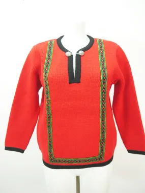 Sagenhaft Schurwolle rot mit Borte und Kette süßer Damen Norweger Pullover Gr.36