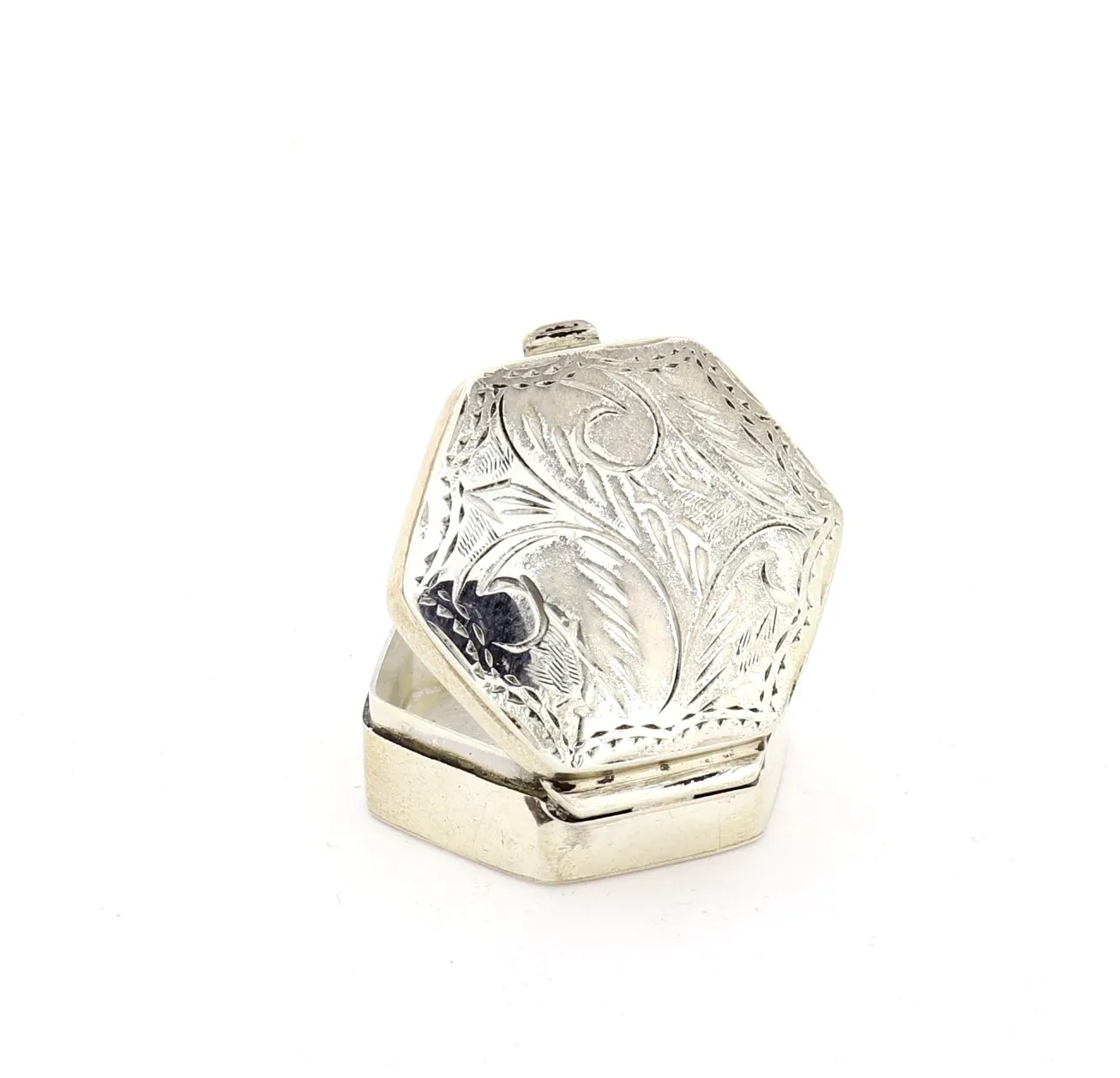 Sechseckige Dose Handarbeit aus Silber Schmuck Pillendose mit Gravur