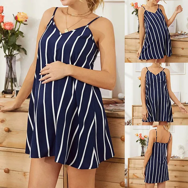 Sexy Gestreiftes Umstandskleid mit Freiem Rücken und V-Ausschnitt