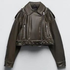 Street Style Kunstleder PU Gürteljacke mit Epauletten und langen Ärmeln